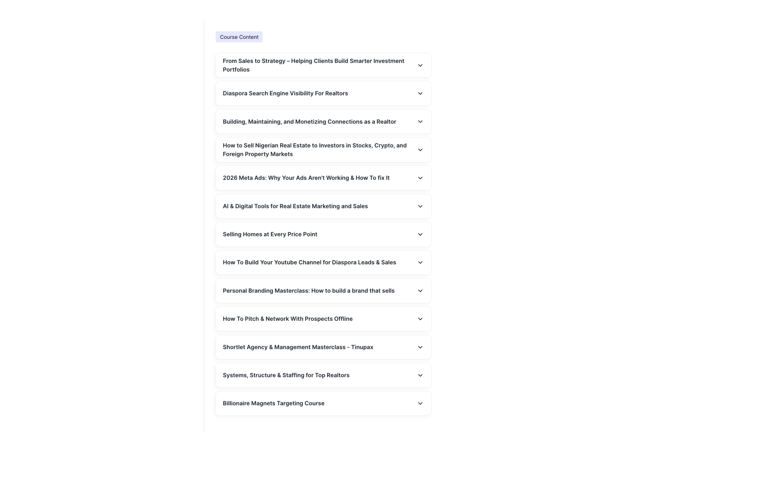 Full curriculum list inside the Top Realtor Accelerator on Nestuge
