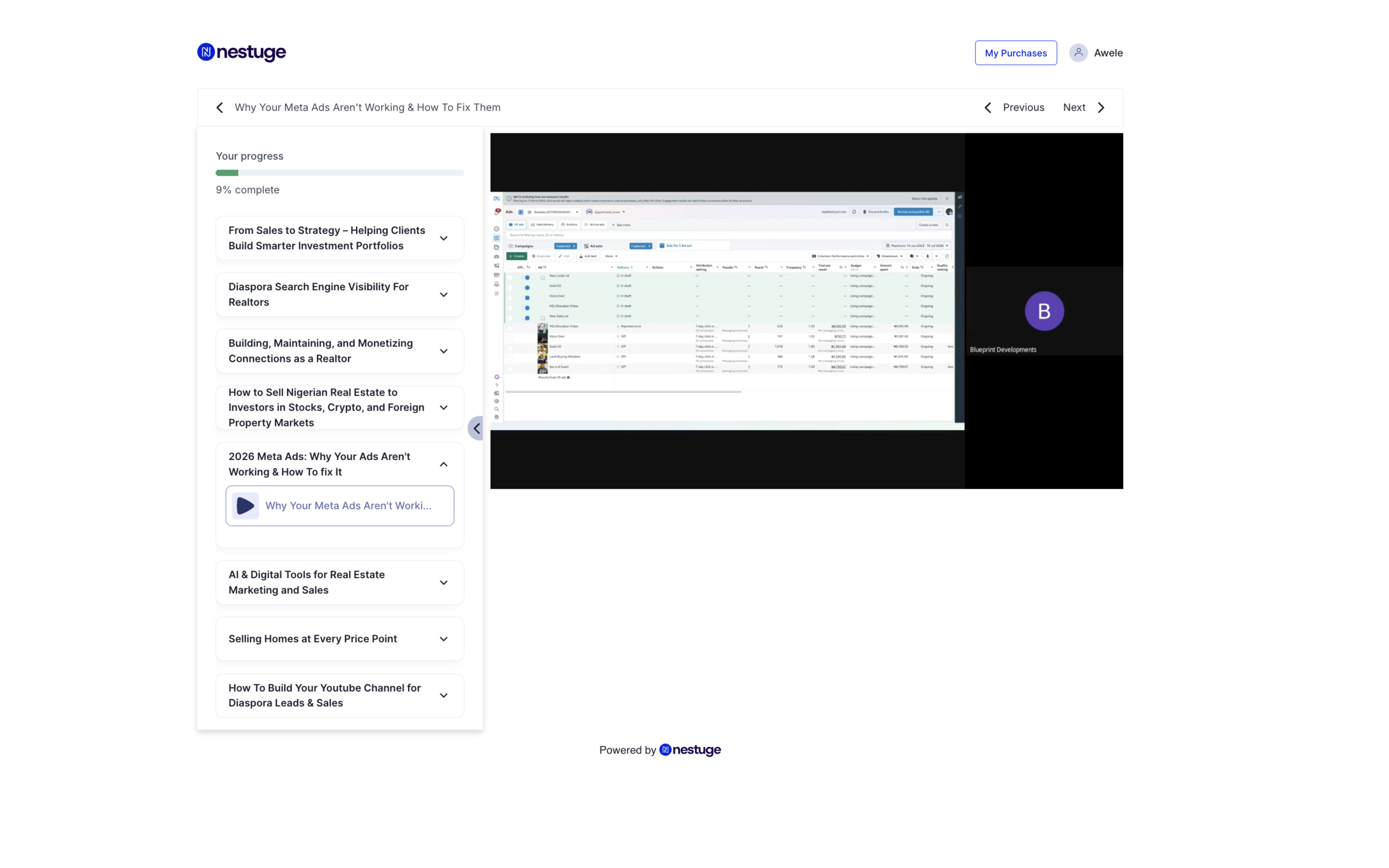 Inside the Top Realtor Accelerator on Nestuge — lesson view with progress tracking